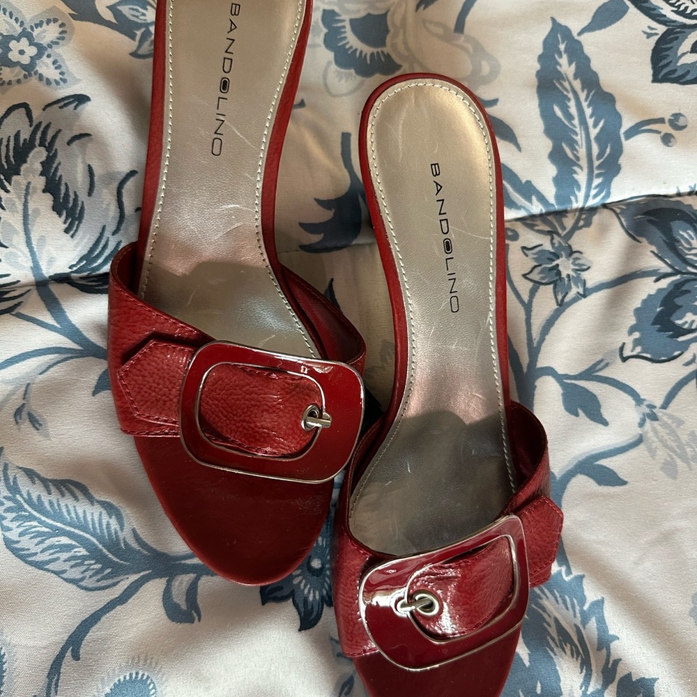 Bandolino Red Buckle Mules